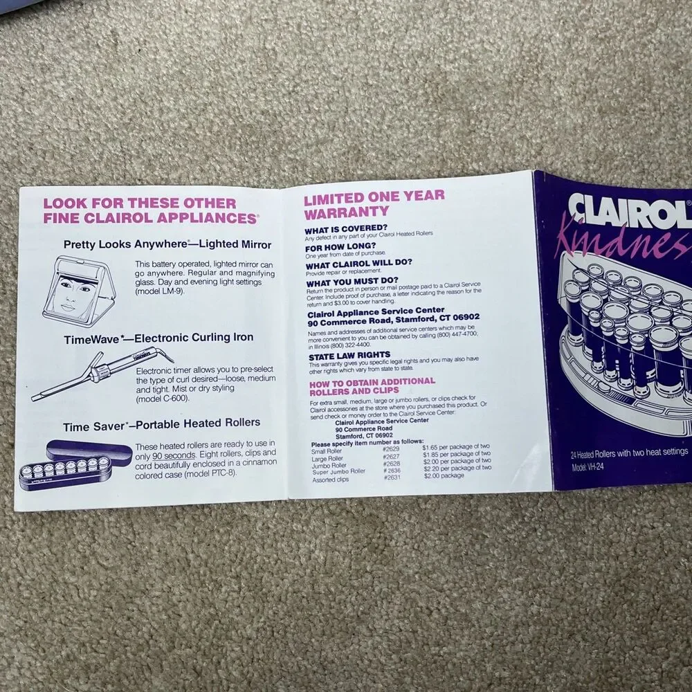 Clairol Kindness VH24 Hot Rollers Velvet Hair Curler 24 Clips‎ Instruction Works